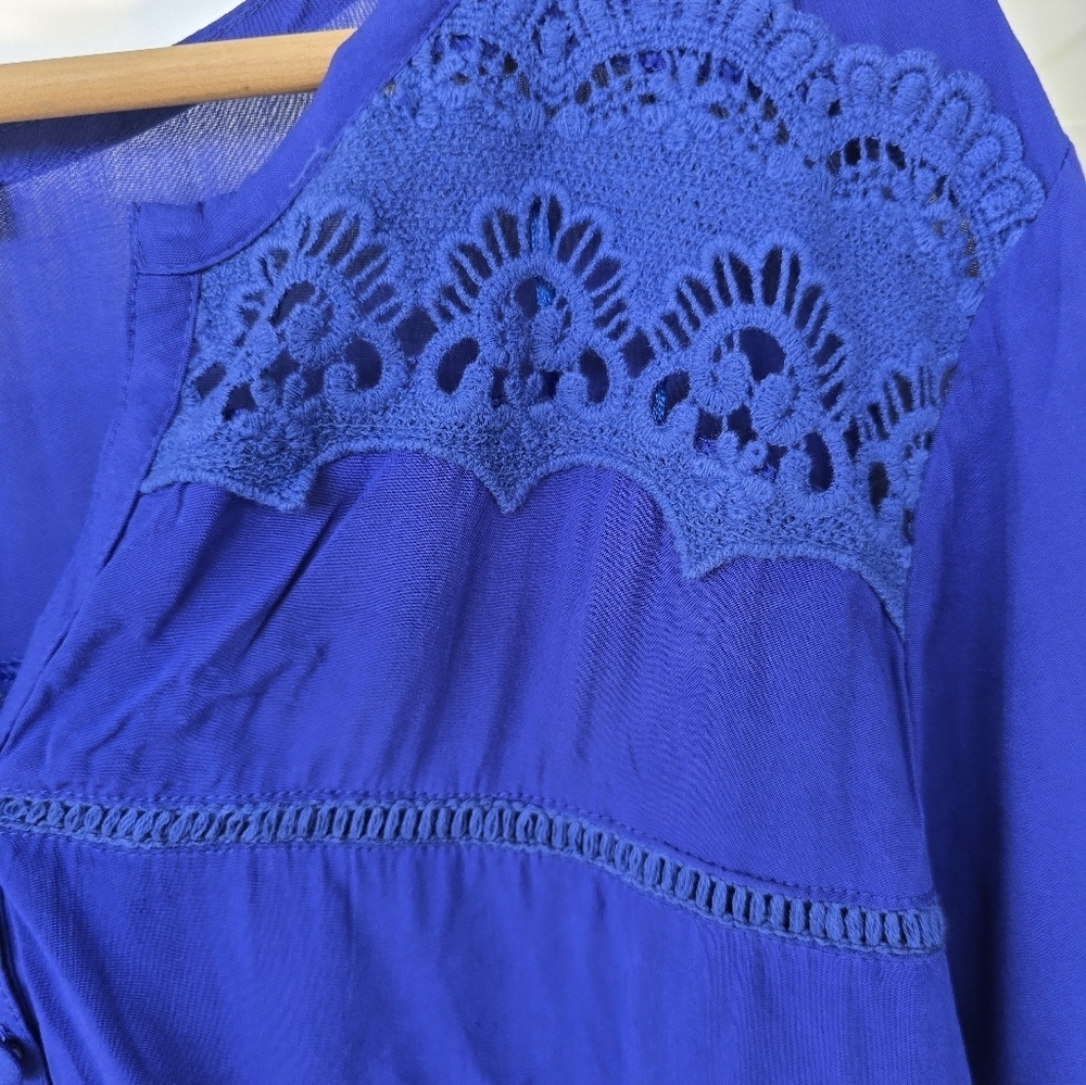 Solitaire Eyelet Tunic Lace Top 1X Plus Blue Women's 3/4 Sleeve - Picture 8 of 16